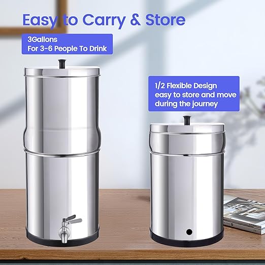Amwater NSF/ANSI 42&372 Certification 3G Stainless Steel Gravity-Fed Water Filter System, Reduces Lead and up to 99% of Chlorine,with 4 Black Purification Filter, Metal Spigot and 6inch Stand