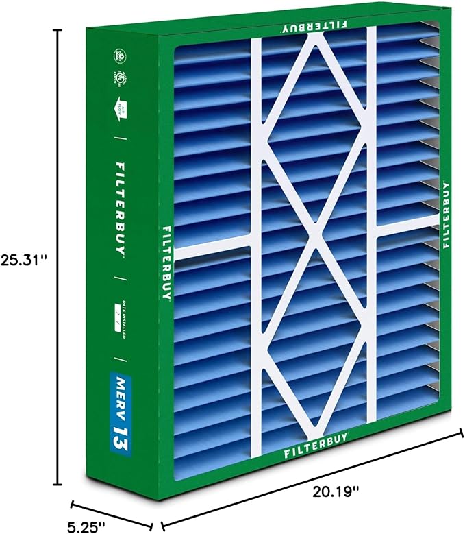 Filterbuy 20x25x5 Air Filter MERV 13 Optimal Defense (2-Pack), Pleated HVAC AC Furnace Air Filters for Amana, Coleman, Goodman, Maytag, York, and More (Actual Size: 20.19 x 25.31 x 5.25 Inches)