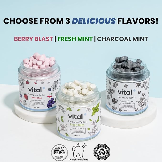 Vital Toothpaste Tabs with Nano-Hydroxyapatite | Berry Blast | Remineralizes Teeth | Kids Love It! | Fluoride Free | Plastic Free & Eco Friendly | Travel & TSA Approved | 248 Tablets (4 Months)