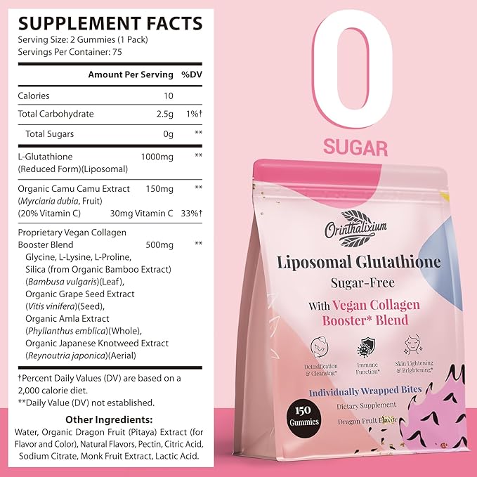 Liposomal Glutathione Gummies 1000MG - Sugar Free Reduced L-Glutathione with Vitamin C & Vegan Collagen - Antioxidant & Skin Wellness - 150 Count