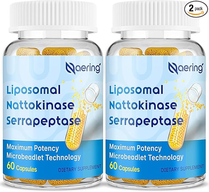 Liposomal Nattokinase 12,000 FU Serrapeptase 360,000 SPU Enzyme Supplement - Enriched with Synergistic Enzymes and Nutrient Blend & Inulin for Circulatory, Gut, Digestion 60 Capsules (2 Bottle)