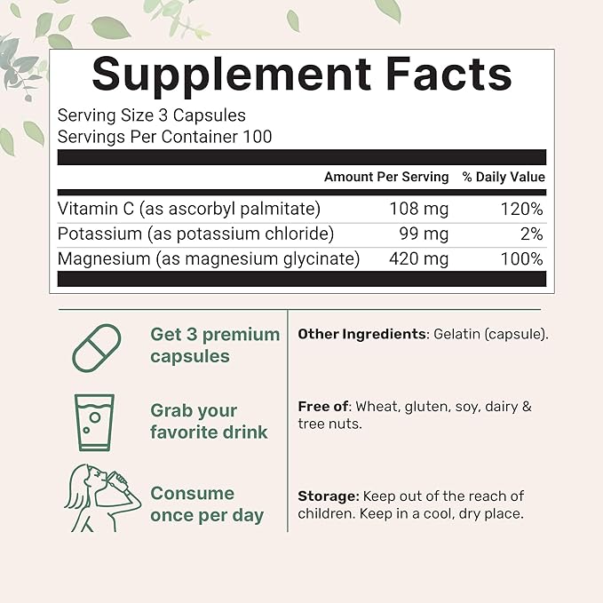 Pure Potassium Supplement with Magnesium Glycinate, 300 Capsules | Enhanced with Fat-Soluble Vitamin C | Chloride + Glycinate Mineral Electrolyte Complex | Only Active Ingredients | Filler Free