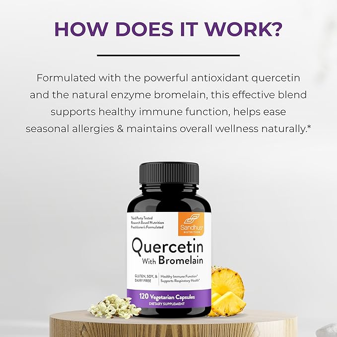 Sandhu's Quercetin with Bromelain Vegetarian Capsules Supplements 120 Count (Pack of 2) | Bioflavonoids for Immune Support & Respiratory Health, Seasonal Allergy Support | Quercitin for Men and Women