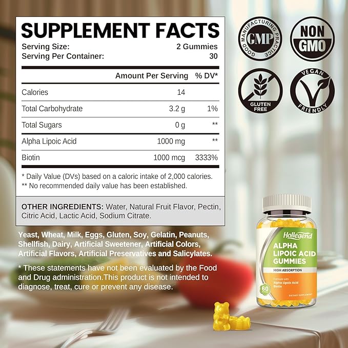 Alpha Lipoic Acid Gummies 1000Mg with Biotion, High Absorption Chewable ALA Supplement for Antioxidant, Brain Health and Nerve Support, Pineapple Flavor, Sugar Free, 120 Chews