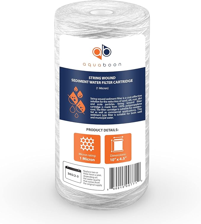 Aquaboon 1 Micron String Wound Water Filter 10x4.5 Replacement - Whole House Water Filter Cartridge Compatible with WP5BB97P,WP10BB97P, AP810, 2-Pack