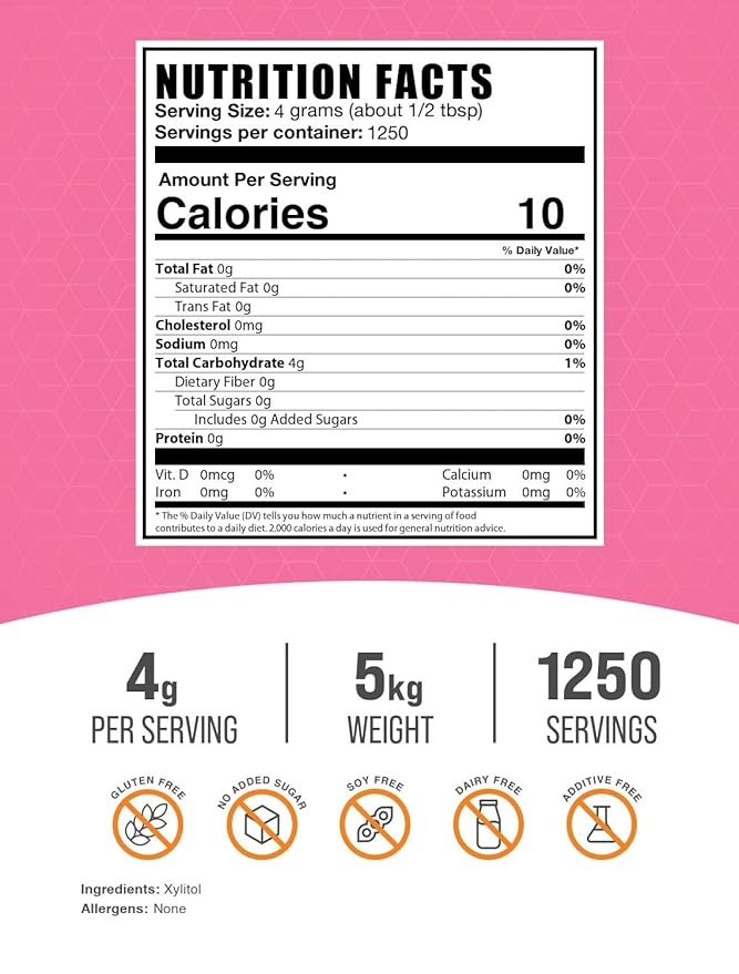 BulkSupplements.com Xylitol Powder - Natural Sugar Substitute & Sugar Alternative - Sweetener For Baking & Cooking, Gluten Free - 4g per Servings, Pack of 5 (5 Kilograms - 11 lbs)