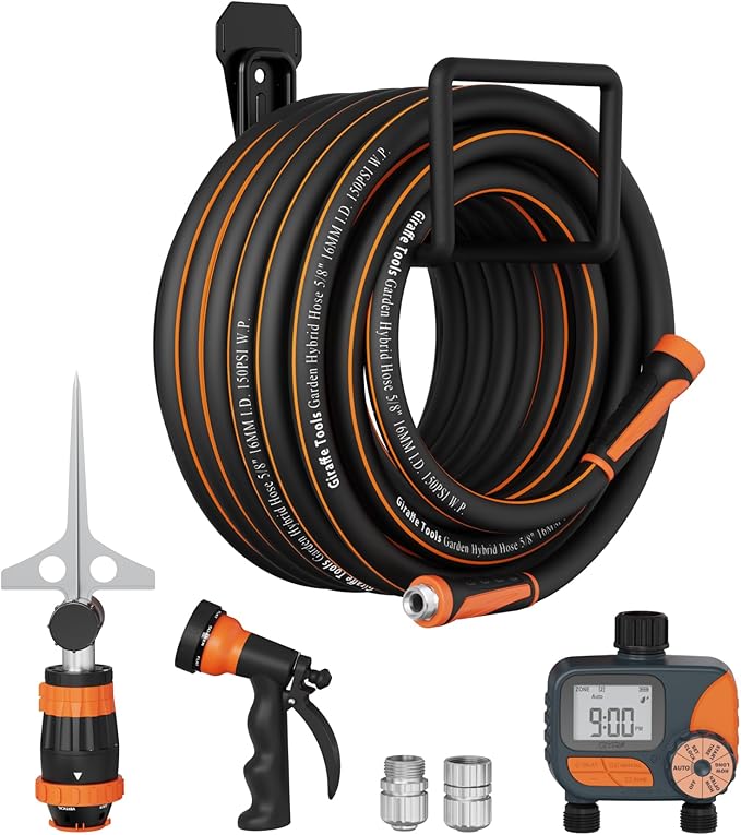 Giraffe Tools Garden Hose 100ft x 5/8", Water Hose Heavy Duty, Flexible with Timer Nozzle and Sprinkle, Lightweight Hybrid Hose with Swivel Handle, Male to Female Fittings, Burst 600 PSI