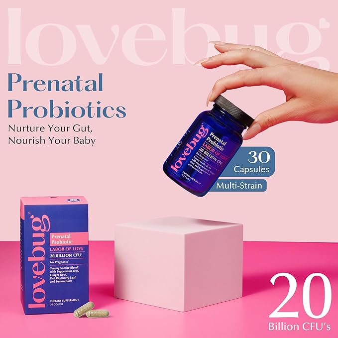 LOVEBUG Prenatal Probiotic Supplement - 7 Probiotics & Prenatal Vitamins for Women, 20 Billion CFU, with Soothing Peppermint, Ginger, Raspberry Leaf and Lemon Balm. 30 Capsules