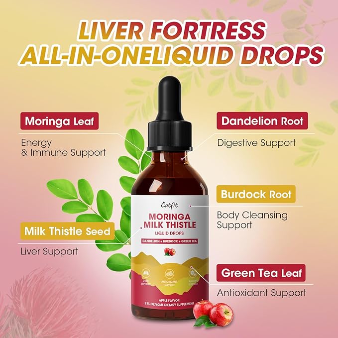 Milk Thistle Liver Detox Drops Apple Flavor โ Liver Cleanse Detox & Repair with Moringa, Dandelion, Burdock & Green Tea โ Herbal Liquid Supplement for Liver Support & Liver Health, Vegan, 2 Fl Oz