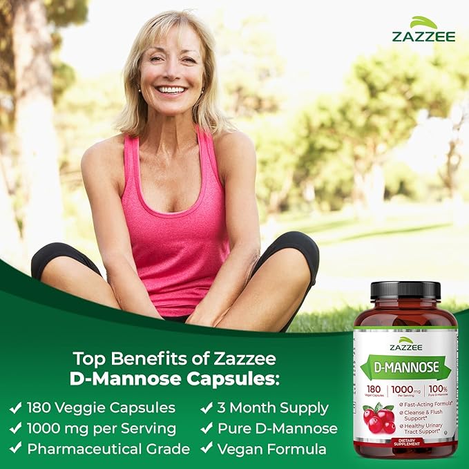 Zazzee D-Mannose, 1000 mg per Serving, 180 Vegan Capsules, 3 Month Supply, Potent & Fast-Acting, Certified Kosher, 100% Pure, All-Natural Urinary Tract Health UTI Support, 100% Vegetarian, Non-GMO