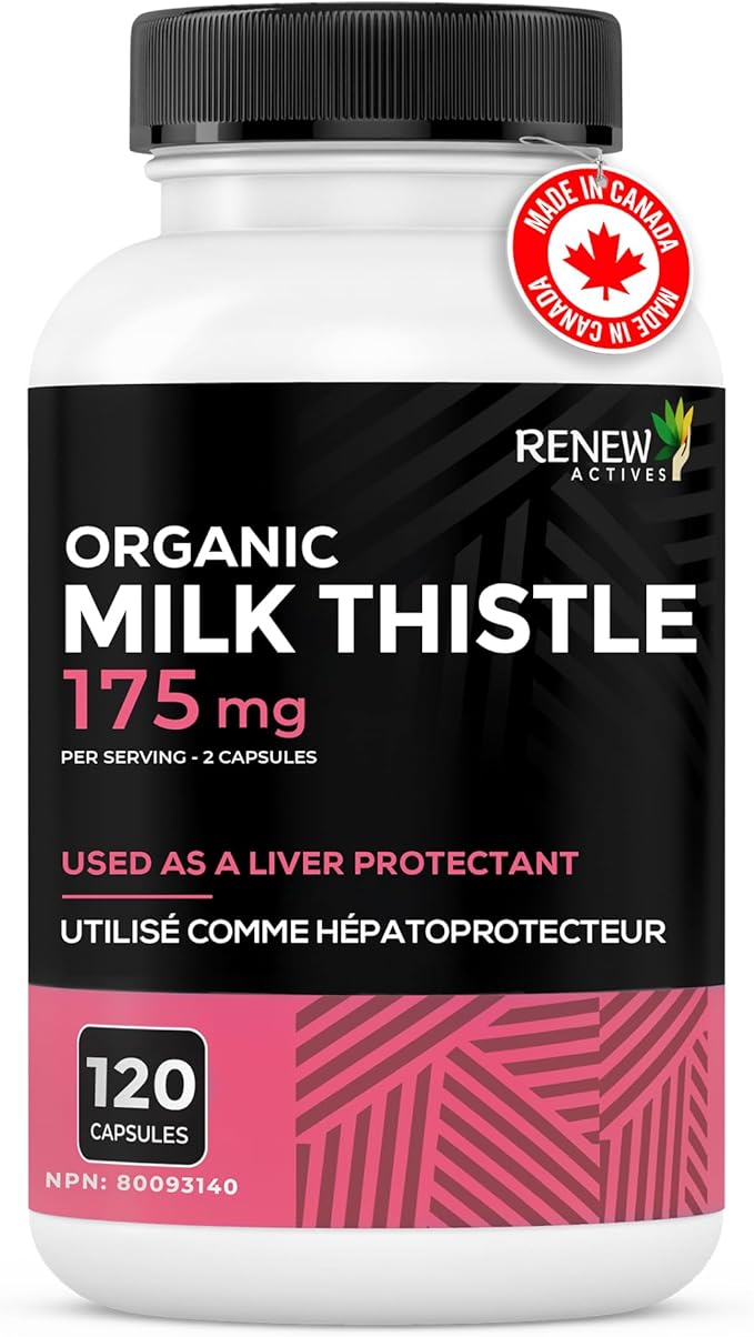 Renew Actives Milk Thistle Capsules 175MG per Serving Organic Seed Extract for Liver Health, Concentrated Silymarin Formula, Antioxidants, & Digestive Wellness – Made in Canada - 120 Capsules