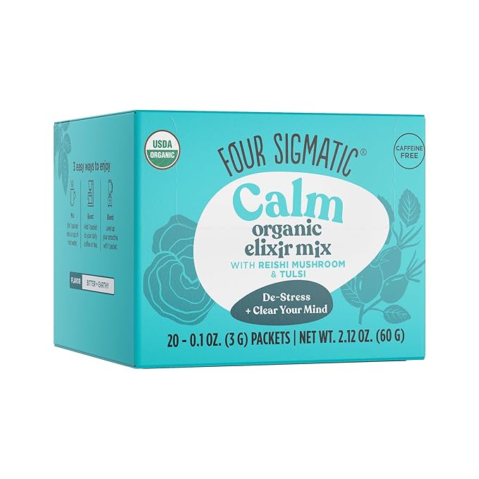 Reishi Mushroom Elixir Mix by Four Sigmatic | Coffee Alternative with Organic Reishi Mushroom Powder, Tulsi, Rose Hips & Mint | Support Stress & Sleep | Decaf, Vegan, Gluten-Free & Keto | 20 Packets