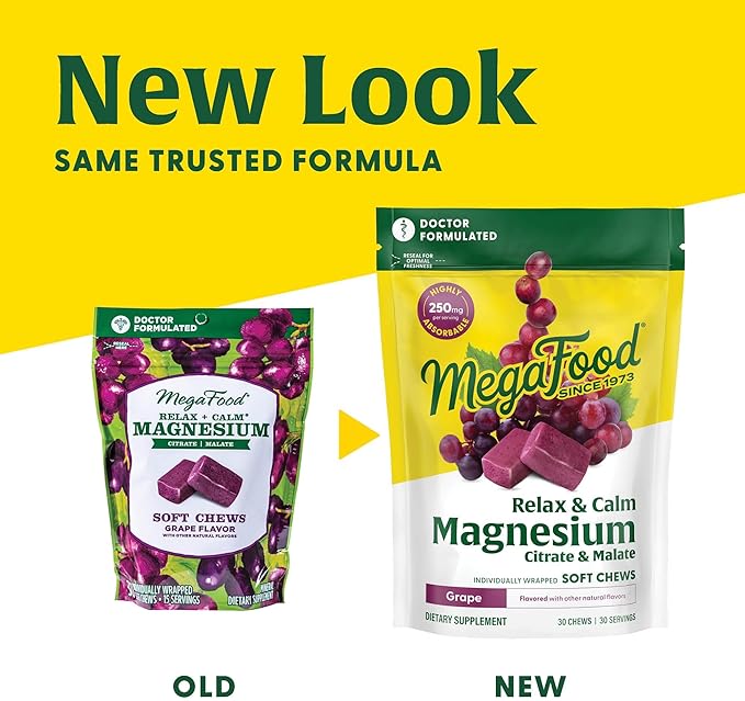 MegaFood Relax + Calm Magnesium Supplement - Soft Chews with Magnesium Citrate & Malate for Heart Health, Muscle Tension & More - Vegetarian - Grape-Flavor - 30 Chews (15 Servings)
