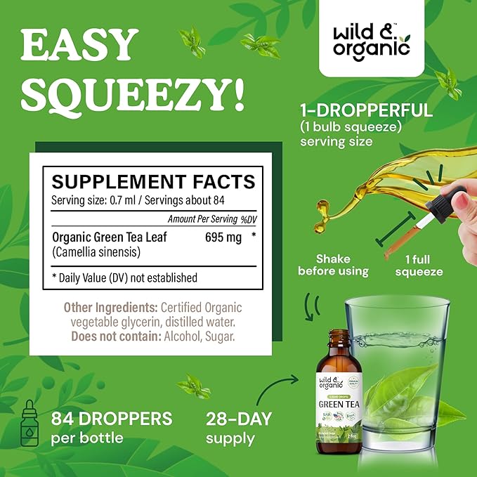 Wild & Organic Green Tea Extract Liquid Drops - Antioxidant Supplement - Natural Green Tea Supplements w/Camelia Sinensis - Vegan, Sugar & Alcohol-Free Tincture - 2 fl oz