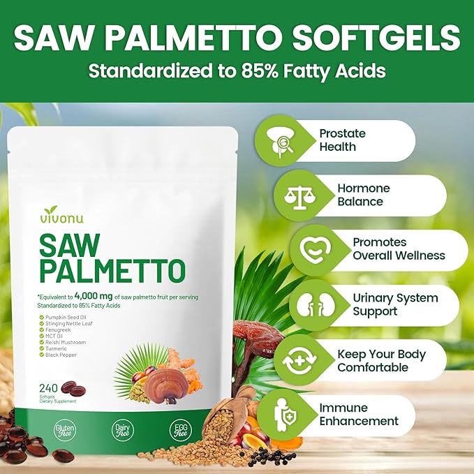 Saw Palmetto Capsules Extract 8 in 1, Pumpkin Seed Oil - Supports Prostate Health, Relieves Urination Issues, Supports Hair Growth, DHT Blocker 240 Softgels