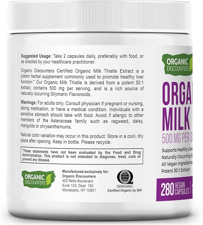 Milk Thistle Capsules, 280 Count, 7500 mg Strength, Potent 30:1 Extract, USDA Certified Organic, Rich in Silymarin Flavonoids, Vegan, Non-GMO and All-Natural