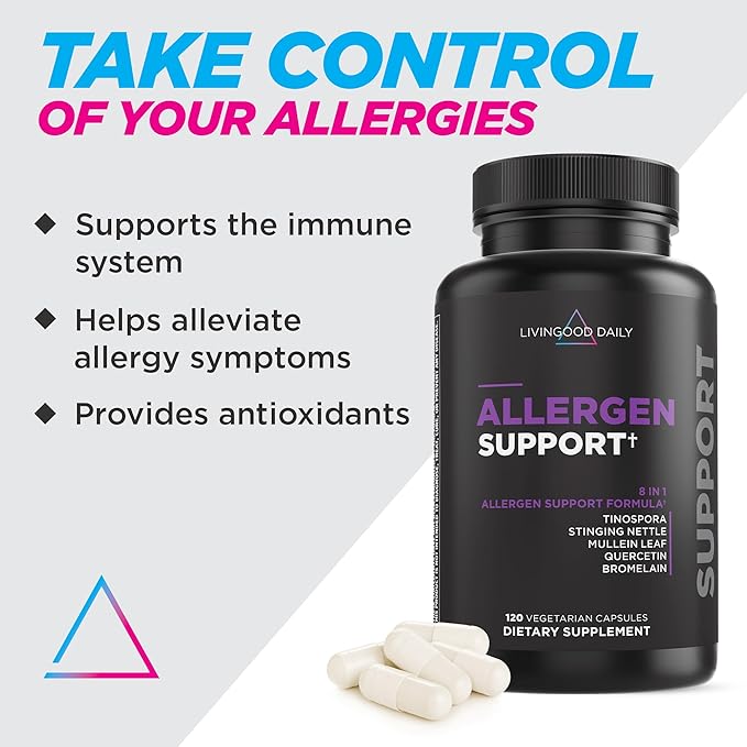 Livingood Daily Allergen Support, Natural Allergy Supplement with Vitamin C, Quercetin, Nettle Leaf, Zinc, Bromelain & Tinospora, Non GMO, Vegan, Immune Support Formula, 120 Vegetarian Capsules