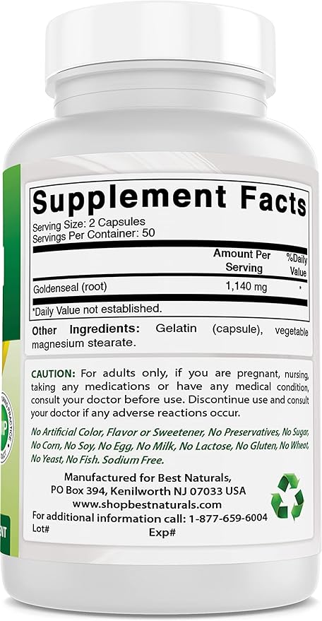 Best Naturals Goldenseal Root 570 mg (Non-GMO) 100 Capsules