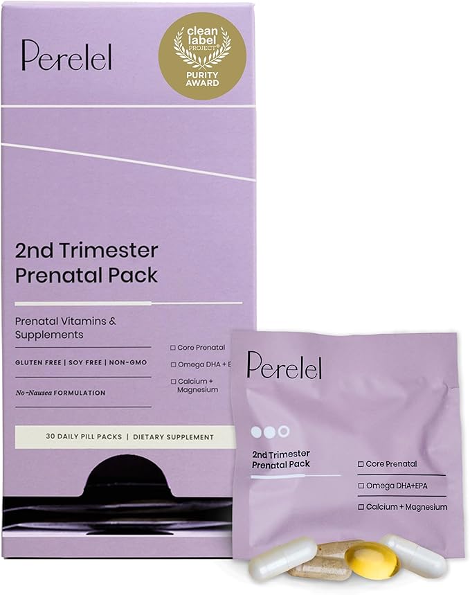 Perelel 2nd Trimester Prenatal Pack, Multivitamin with Magnesium, Omega 3, Iron & Calcium, Nutritional Support for Second Trimester Wellness, Soy & Gluten Free, Non GMO, 30 Daily Pill Packs