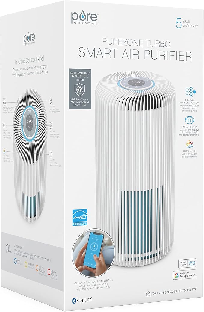 Pure Enrichment PureZone Turbo Smart Air Purifier for Large Rooms (1050 sq. ft. in 30 min.) - Energy Star Rated, 5 Stage Filtration, Smartphone Compatible, Traps Germs, Smoke, & Dust (White)