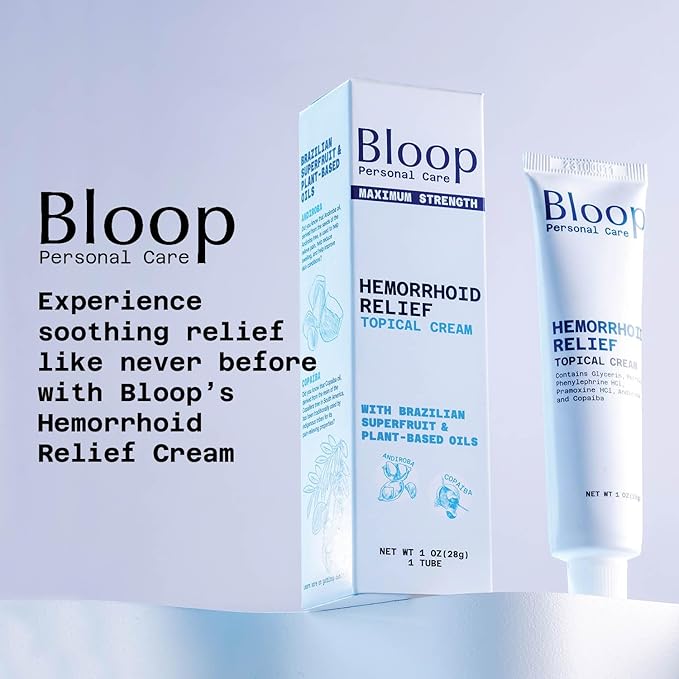 Bloop Hemorrhoid Relief Cream with Phenylephrine HCI & Pramoxine HCI, Andiroba/Copaiba Oils | Max. Strength for Pain & Inflammation (1oz)