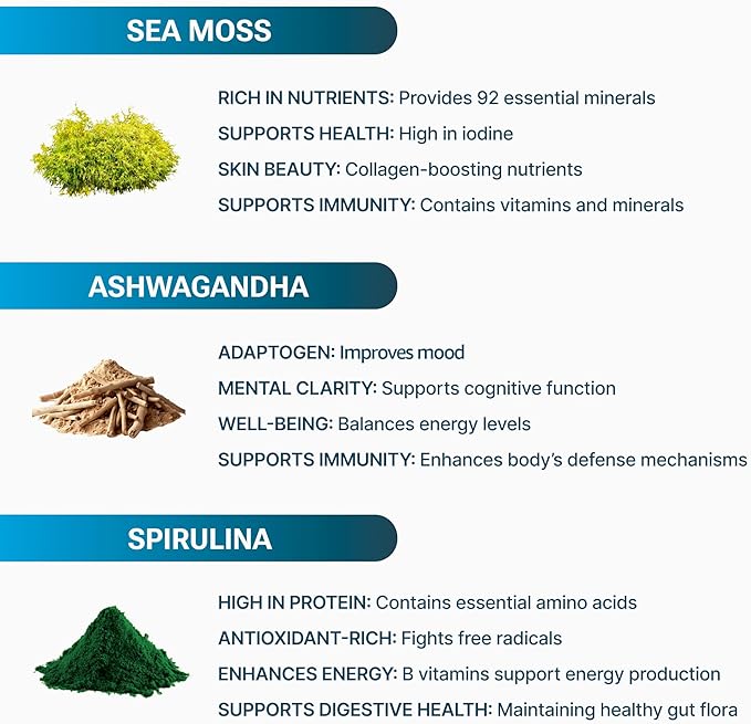 Sea Moss with Spirulina and Ashwagandha Blend Capsules, Mood, Immune Support & Stress Relief, Micro Ingredients & Antioxidants Source โ Non-GMO, Vegan Superfood Supplement, 90 Count