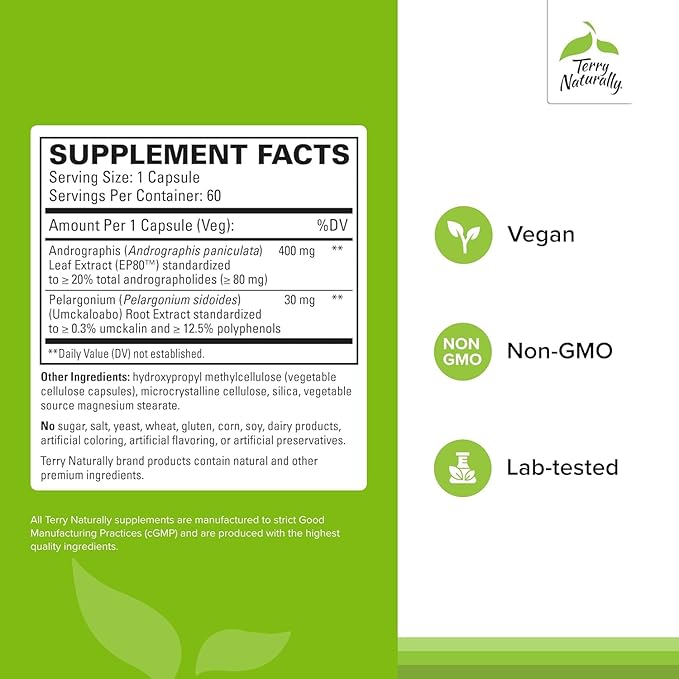 Terry Naturally Andrographis EP80 with Umckaloabo - Sinus Health Support - Supplement to Support Mucus Relief & Respiratory Function - Vegan Capsules to Aid Immune Health - 60 Capsules (60 Servings)