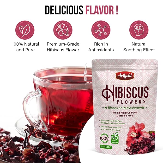 Arigold Pure Whole Petals Hibiscus Tea 1lb โ Organic Dried Hibiscus Flowers,Flor de Jamaica, Hibiscus Sabdariffa, Bissap, Sorrel, hibiscus tea loose leaf Herbal Tea for Agua Fresca, Cocktails, Iced Tea & Hot Tea | Caffeine-Free & Rich in Antioxidants.