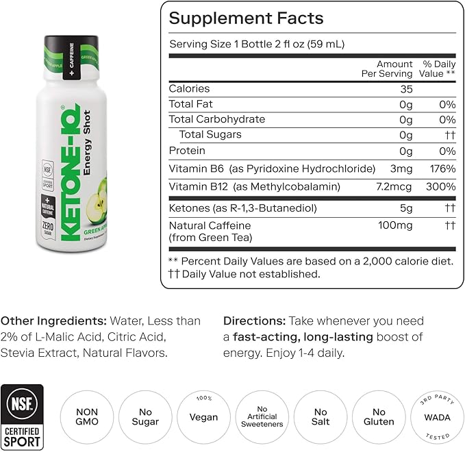 Exogenous Ketone Energy Shots with Caffeine - 24 Pack of Green Tea Caffeine Shots with 5g Bioidentical Ketones and B Vitamins - Fast Acting, On The Go Clean Energy Drink (Green Apple)