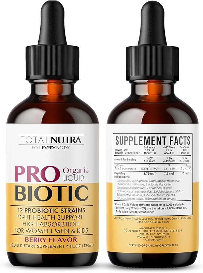 USDA Organic Liquid Probiotic for Kids, Women & Men, Toddler Probiotic Drops with Alfalfa Prebiotic Blend + Acidophilus for Gut Health, Vegan, Non-GMO, Dairy, Gluten & Sugar Free