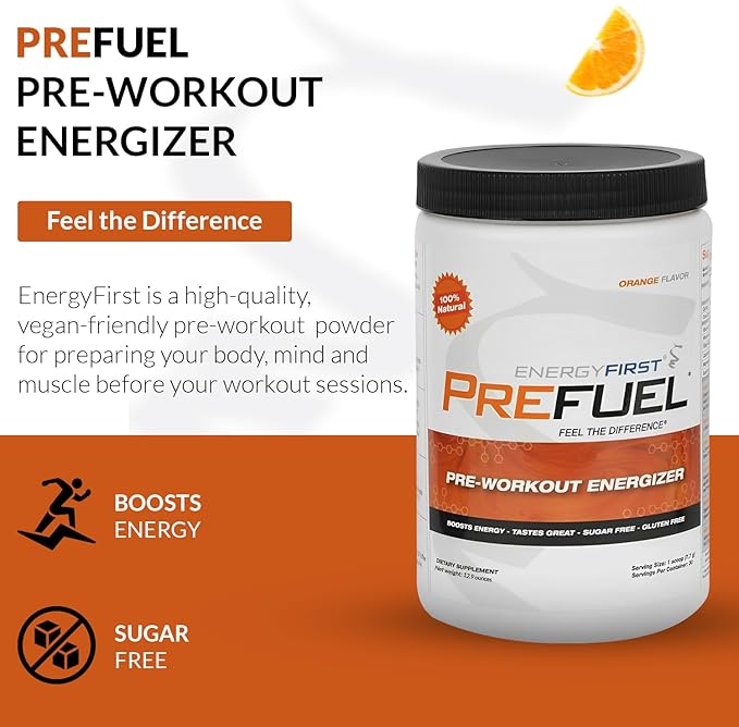 EnergyFirst Prefuel Vegan Pre-Workout Powder, Zero Sugar, All-Natural Energizer with Immune Support Orange Flavor, 30 Servings for Maximum Workout Performance