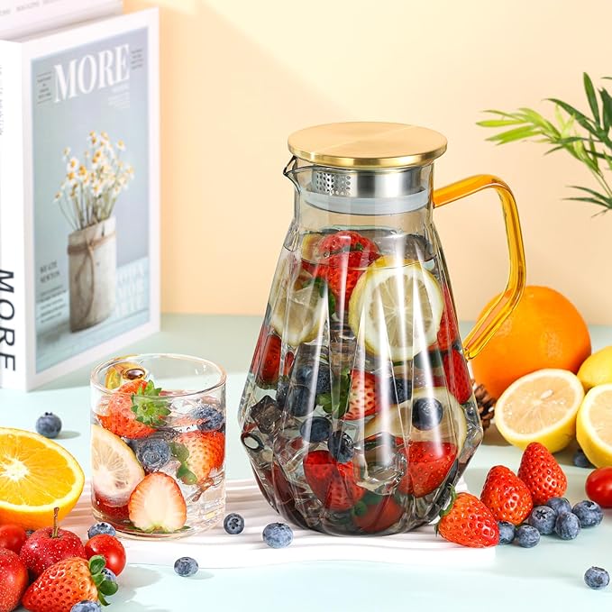 Glass Pitcher with Lid and Spout, Gray Clear Hot & Cold Water Jug with Handle and Lid for Iced Juice, Coffee, Milk, Coffee, Sun Lemonade,Water, Hot Tea (68 oz)