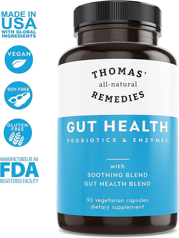 Thomas' all-natural Remedies Gut Health with Digestive Enzymes, Probiotics, Ginger, Papaya, and Turmeric for Digestion and Bloating Relieve