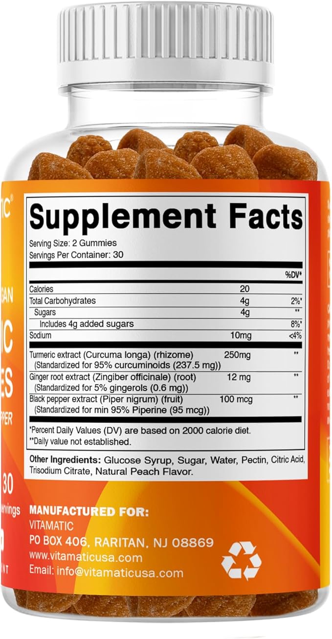 Vitamatic Turmeric Gummy with Ginger & Black Pepper Extract – 60 Vegan Gummies Each | 2 Pack (120 Gummies) 95% Curcuminoids – Powerful Antioxidant & Inflammatory Support