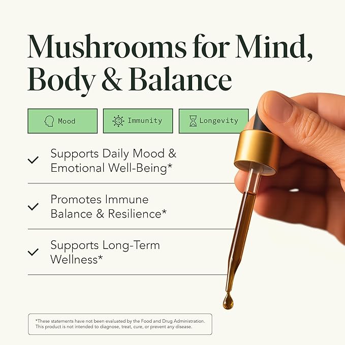 Mushroom Supplement with Cordyceps, Reishi, Lion's Mane, Chaga, Turkey Tail, Shitake, Maitake & Tremella - Adaptogen Drops - Organic Mushrooms Liquid Tincture - 8-in-1 Mushroom Extract Complex, 1fl oz