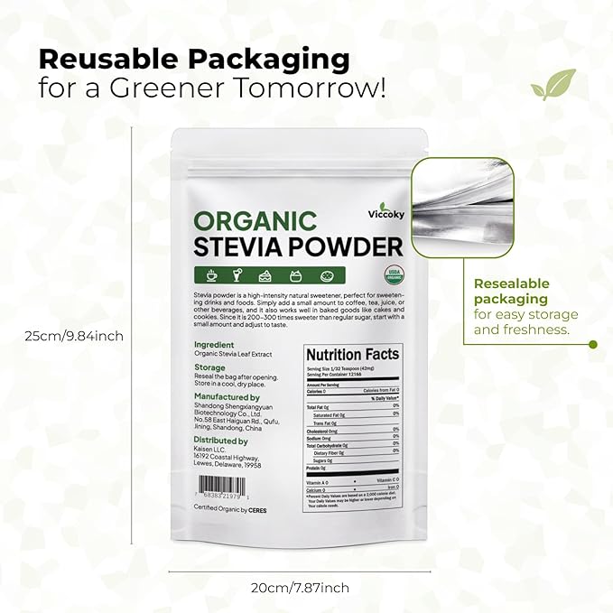 Viccoky Organic Stevia Powder, Pure Stevia Extract, Sugar-Free & 0 Calories, No Additives, Sugar Substitute, Natural Sweetener, 18oz (511g)
