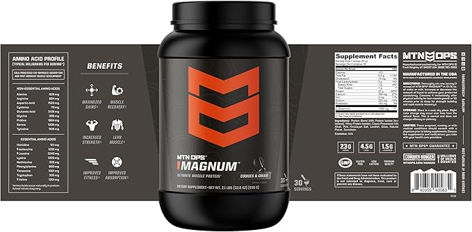MTN OPS Magnum Cookies & Cream Protein Powder, 23g of Whey Isolate Protein & Milk Protein with BCAAs, Zero Sugar & Gluten Free, Cookies & Cream, 30-Serving Tub