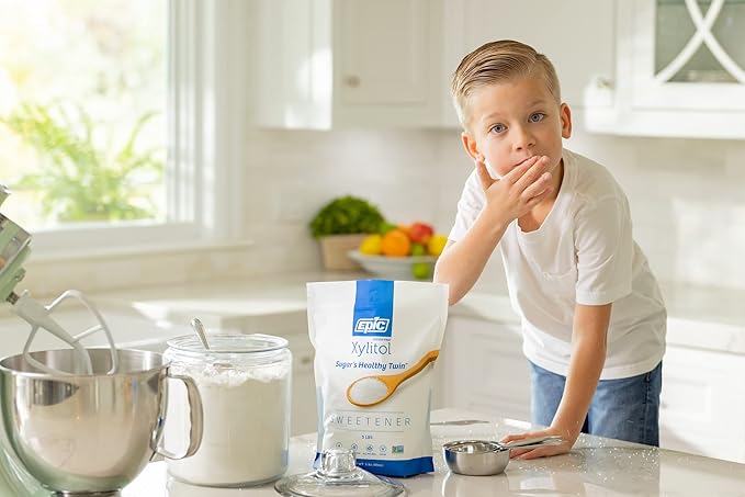Epic 100% Xylitol Sweetener - 5 Pound Zipper Pouch of Xylitol Sugar Substitute for Baking & Cooking - Diabetic-Safe, Non-GMO, Keto-Friendly - 40% Less Calories Than Sugar