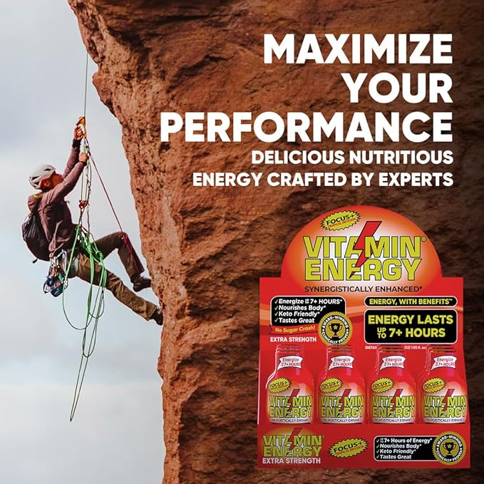 Vitamin Energy Focus+ Extra Strength Daily Energy Shot – Tropical Infusion – 260mg Natural Caffeine, 100% DV B-Vitamins – Focus & Productivity Support – Zero Sugar, Vegan, Kosher – 1.93 fl oz, 24-Pack