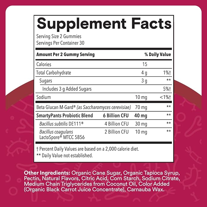 SmartyPants Adult Probiotic & Prebiotic Gummies for Digestive Health: 6 Billion CFU Gut Health Supplement, Clinically Studied Prebiotic for Immune Support, Grape, 60 Count (30 Day Supply)