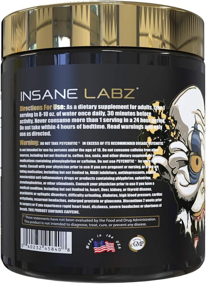 Insane Labz Psychotic Gold, High Stimulant Pre Workout Powder, Extreme Lasting Energy Focus, Pumps and Endurance with Beta Alanine, DMAE Bitartrate, NO Booster (35 Servings, Blue Punch)