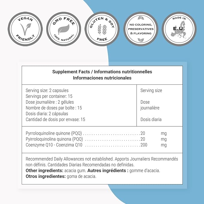 SUPERSMART - PQQ & Q10 (CoQ10) - Powerful Antioxidant Used to Protect Mitochondria Up to 20% for Aging Cells | Non-GMO & Gluten Free - 30 Vegetarian Capsules