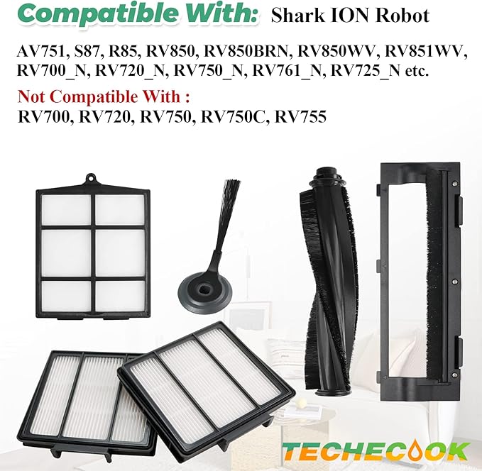 Replacement Parts for Shark ION Robot AV751 AV752 AV753 S87 R85 RV850 RV851WV robot vacuum replacement parts by Techecook - 10 Side Brushes, 5 Hepa Filter, 2 Main Brushes, 1 Filter Guard, 1 Pre-Filter