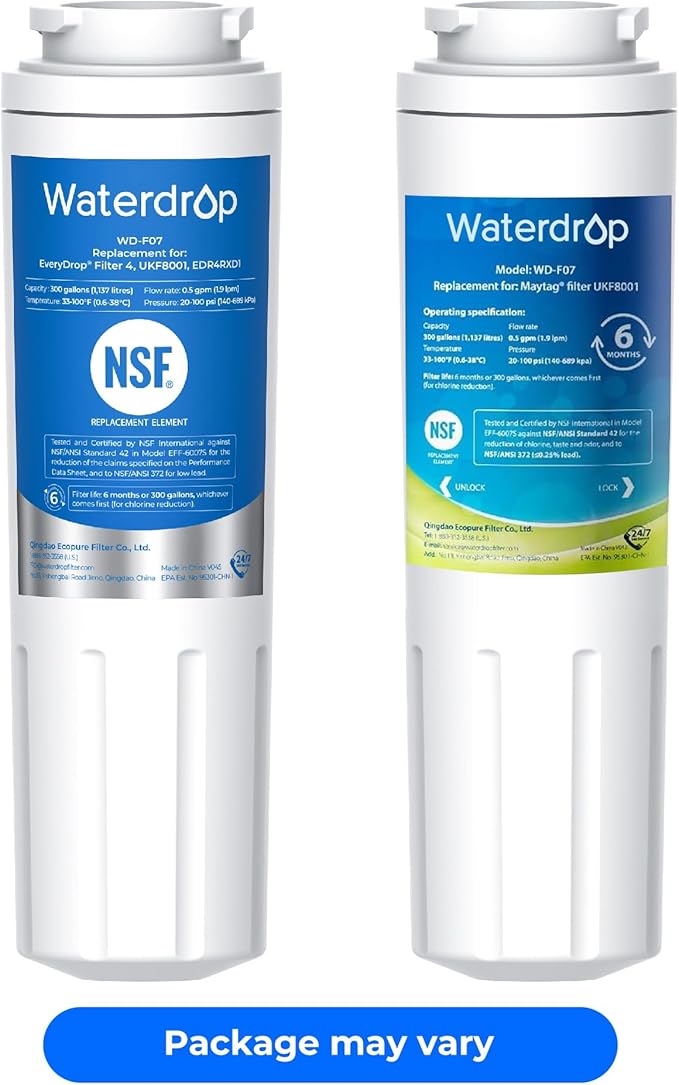 Waterdrop EDR4RXD1 Replacement for EveryDrop® Filter 4, Whirlpool® UKF8001, 4396395, Maytag® UKF8001AXX-200, UKF8001AXX-750, WD-F07, Refrigerator Water Filter, 3 Filters (Package May Vary)