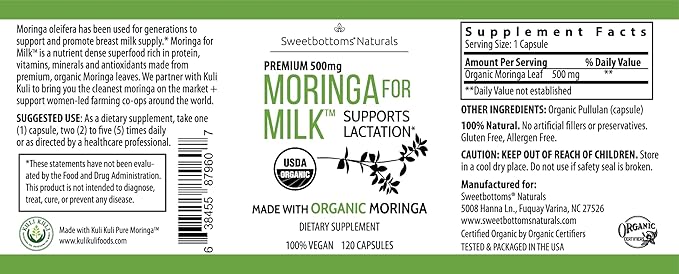 Lactation Supplement - Organic Moringa Capsules for Breastfeeding Support to Increase Breastmilk Supply (120 ct) Pure Malunggay Leaf Powder for Milk Production Booster & Postnatal Vitamins A E K 500mg