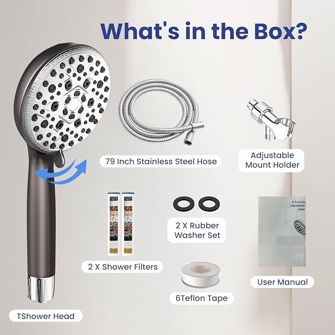 Filtered Shower Head with Handheld,7 Spray Settings High Pressure Showerhead Built in Power Wash to Clean Tub, Tile & Pet, Showerhead with Filters for Hard Water - Remove Chlorine, (Gray)