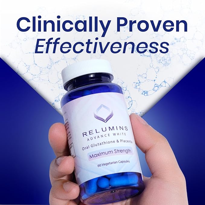 Relumins Advanced White Glutathione Capsules - Max Strength Brightening Supplement with ALA, Placenta, Rose HIPS & Vitamin C - Fights Oxidative Stress, Supports Collagen & Youthful Skin - 60 Caps