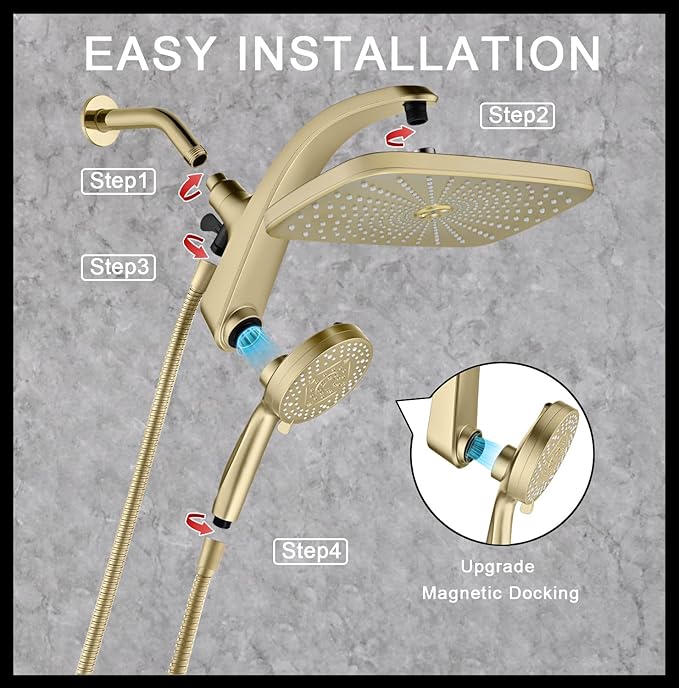High Pressure Rain Shower Head: Upgrade Shower Heads with Handheld Spray Combo with Fixed Showerhead and 10 Sprays Handheld Shower Head, Detachable Shower head Built-in Power Jets