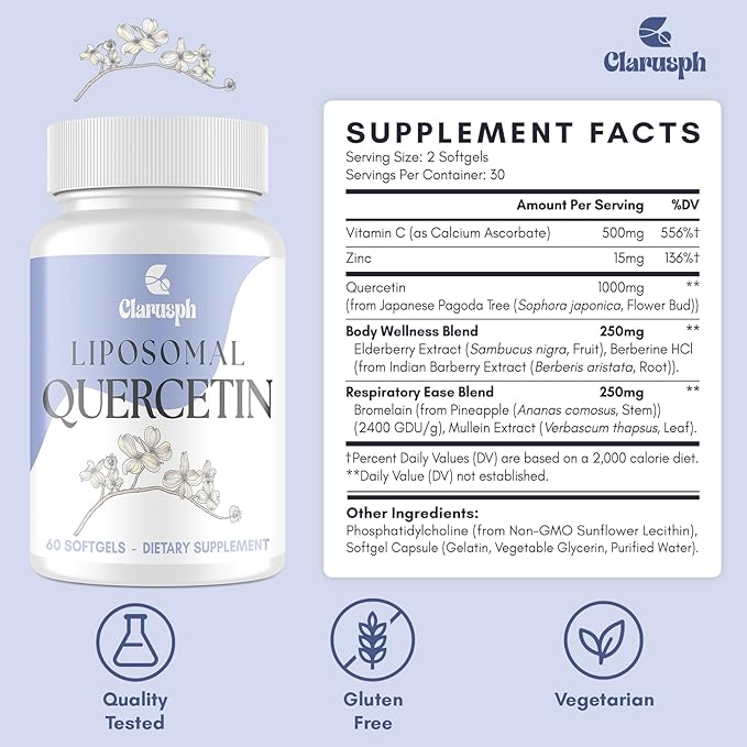 Liposomal Quercetin Supplement for Respiratory & Seasonal Challenges | Quercetin with Bromelain 1000mg - Blend with Vitamin C & Zinc | Bioflavonoids, 60 Softgels