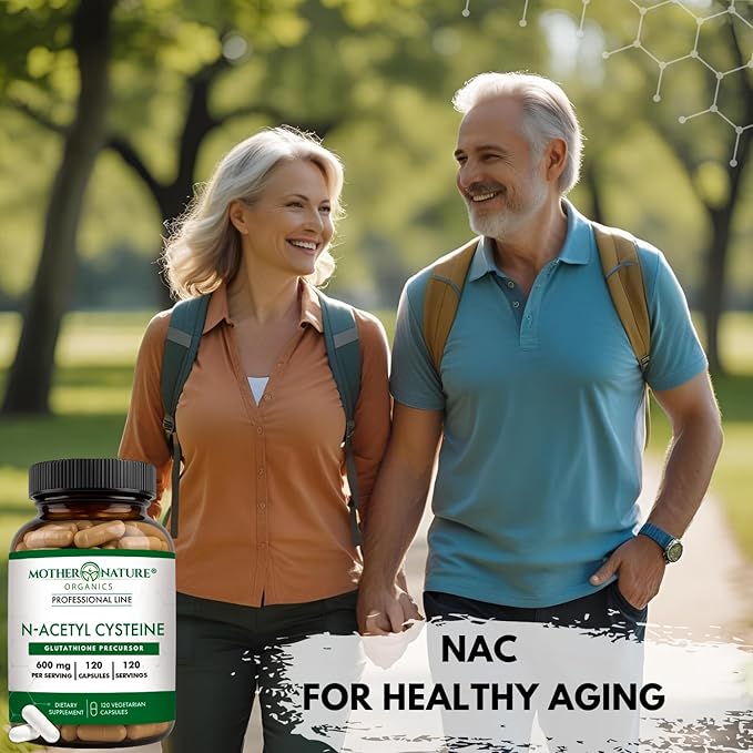 Mother Nature Organics NAC 600mg, Glass Bottle, N-Acetyl Cysteine Antioxidant Glutathione Precursor, Liver & Lung Support, Immune, Respiratory Health, and Detox (120 Count)